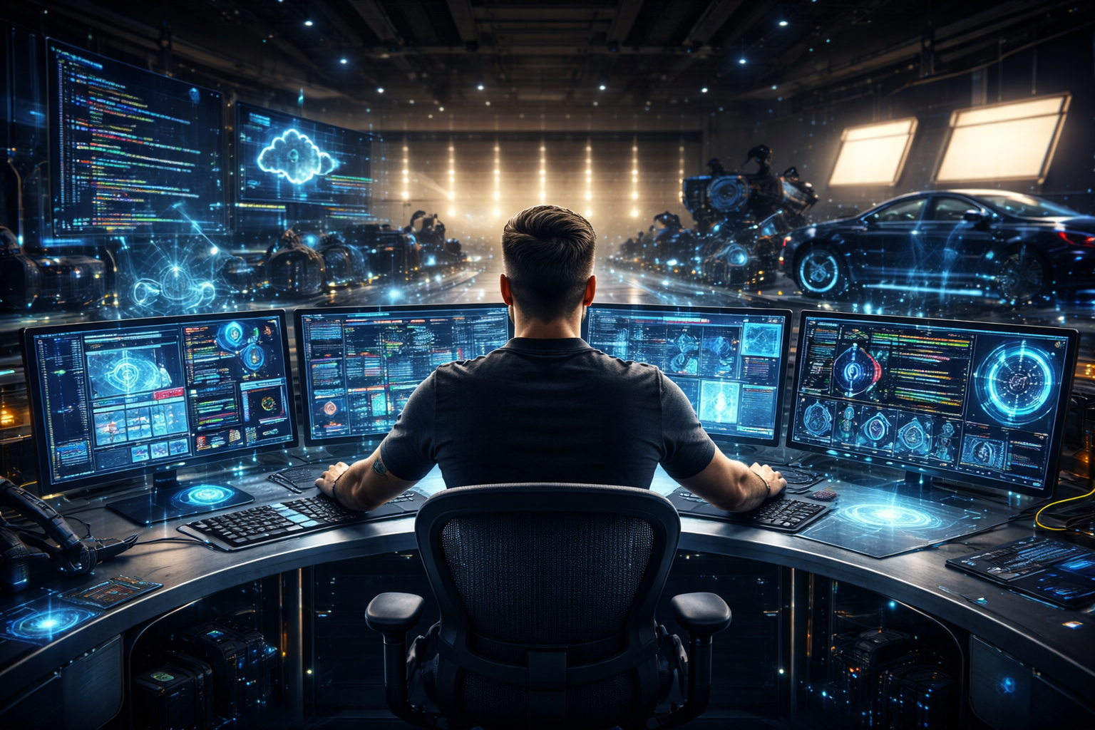 Programador analisando códigos e sistemas em múltiplos monitores em ambiente de alta tecnologia e inteligência artificial.